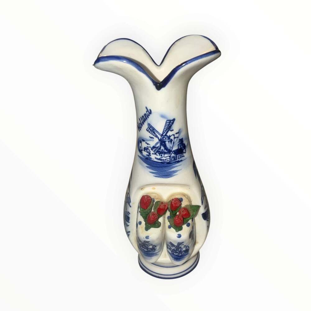 Delft Blue Bud Vase Holland Windmill Handpainted Clogs with Tulips